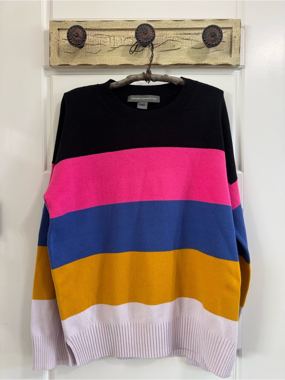 French Connection Black Pink Blue Gold Stripe Crew Women’s Sweater